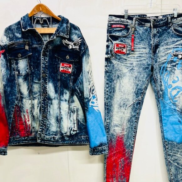 A Set Y2K STREETWEAR EMBROIDED Dreamland Denim Jeans Mens 3XL TOP,  Bot  JEAN 38 - Picture 2 of 16